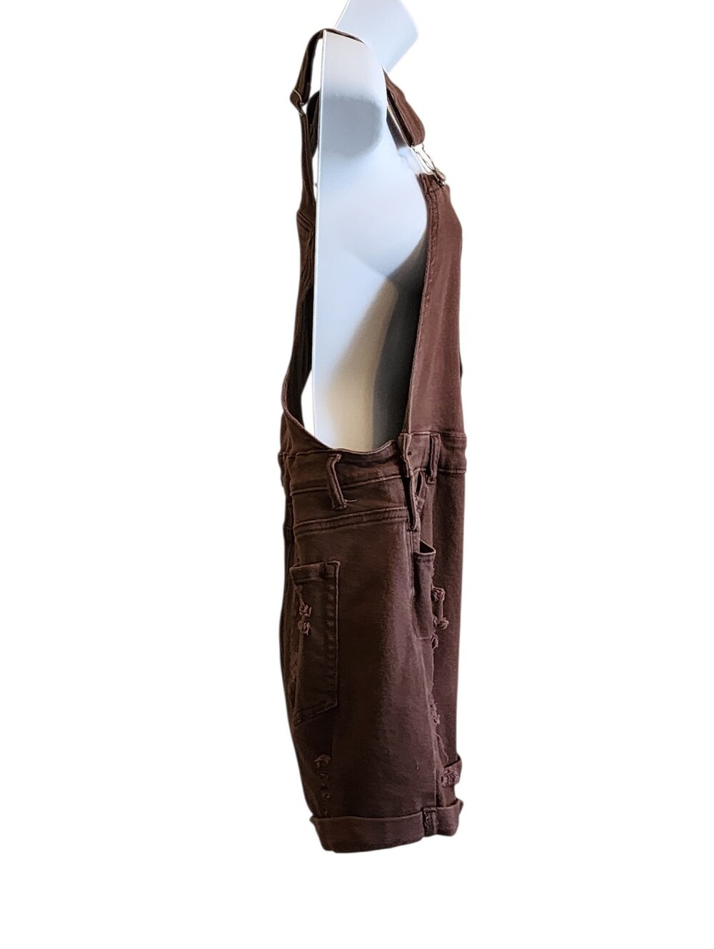 Overall brown denim shorts distressed casual adjustable straps, pockets, fun! - Picture 5 of 14